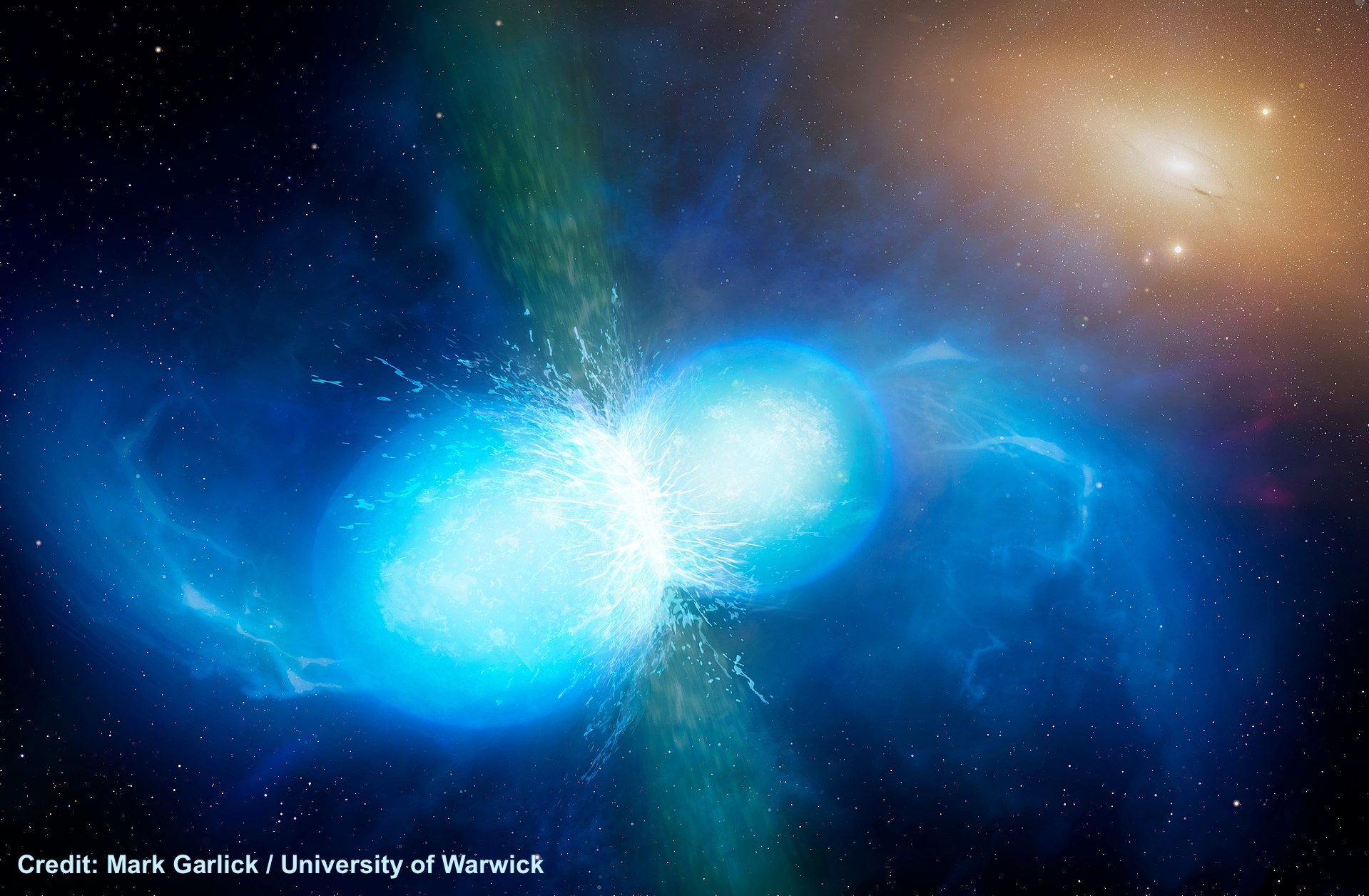 This artist’s impression shows two tiny but very dense neutron stars at the point at which they merge and explode as a kilonova. Such a very rare event is expected to produce both gravitational waves and a short gamma-ray burst, both of which were observed on 17 August 2017 by LIGO–Virgo and Fermi/INTEGRAL respectively. Subsequent detailed observations with many ESO telescopes confirmed that this object, seen in the galaxy NGC 4993 about 130 million light-years from the Earth, is indeed a kilonova. Such objects are the main source of very heavy chemical elements, such as gold and platinum, in the Universe.