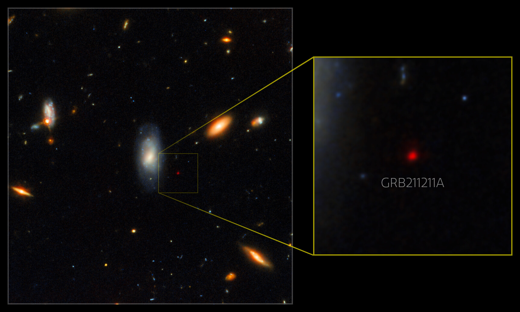 This Gemini North image, superimposed on an image taken with the Hubble Space Telescope, shows the telltale near-infrared afterglow of a kilonova produced by a long GRB (GRB 211211A). This discovery challenges the prevailing theory that long GRBs exclusively come from supernovae, the end-of-life explosions of massive stars.